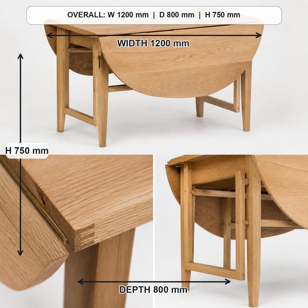 solid-oak drop-leaf dining table primary joinery detail, overall dimensions 1200 mm wide x 800 mm deep x 750 mm high when fully open
