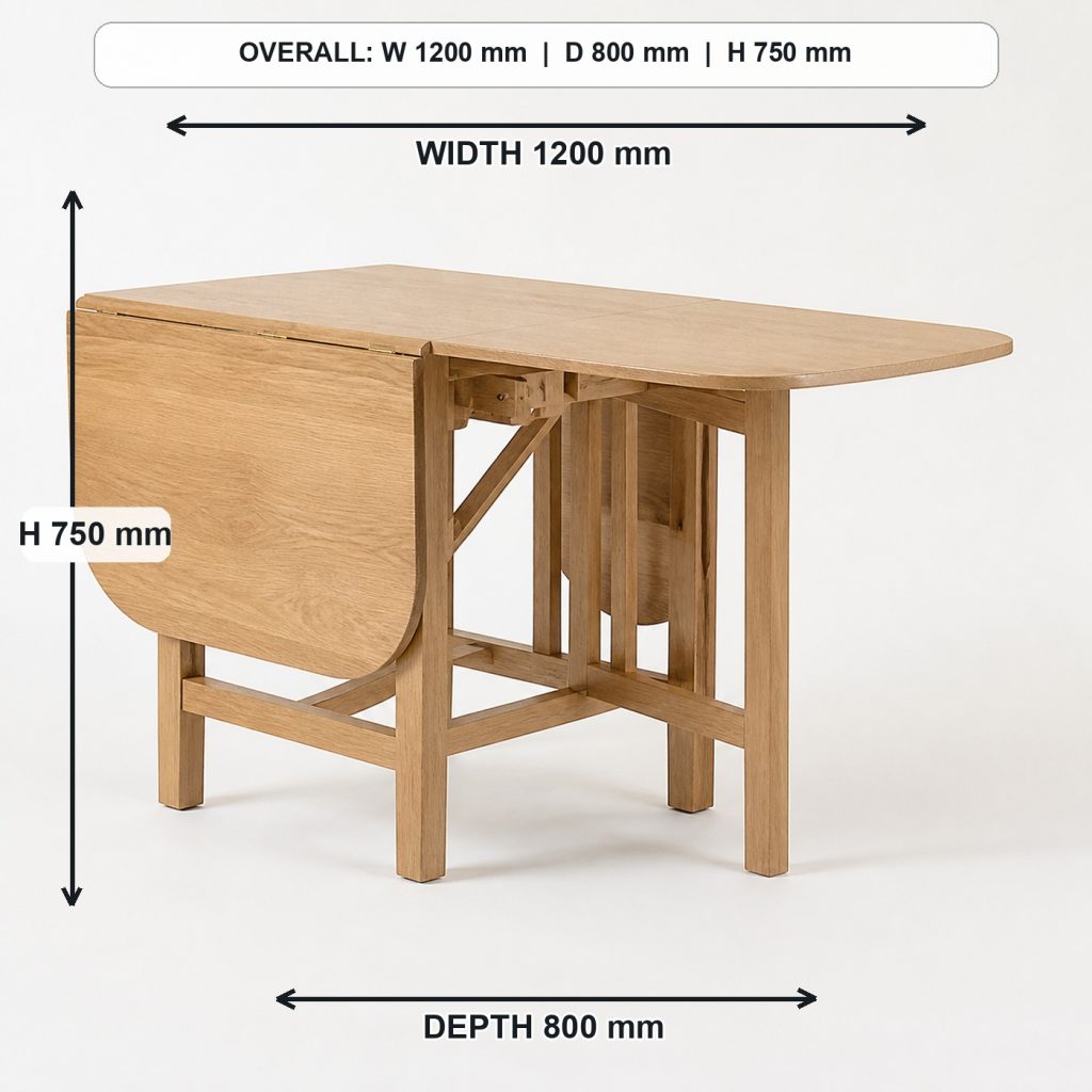 solid-oak drop-leaf dining table storage or functional detail, overall dimensions 1200 mm wide x 800 mm deep x 750 mm high when fully open