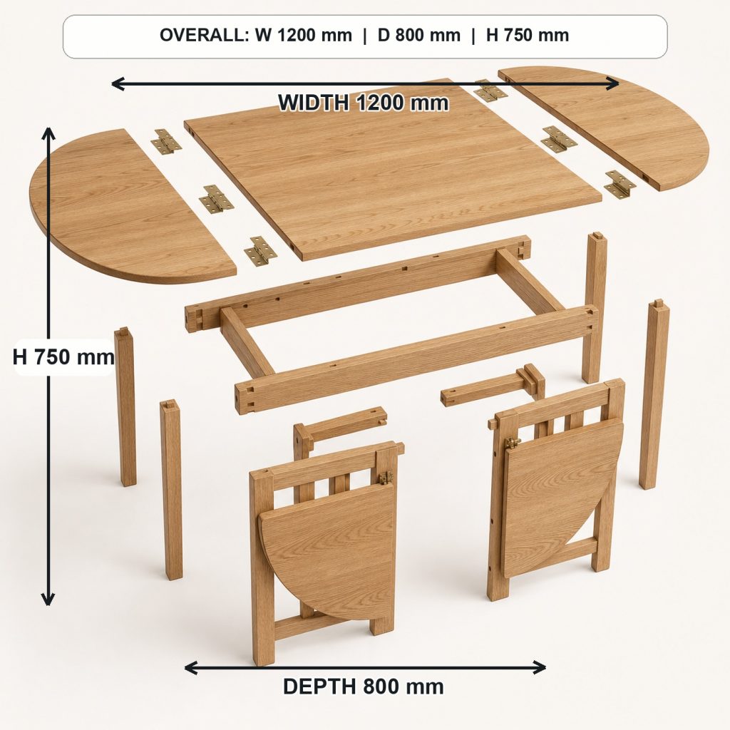 solid-oak drop-leaf dining table exploded construction overview, overall dimensions 1200 mm wide x 800 mm deep x 750 mm high when fully open
