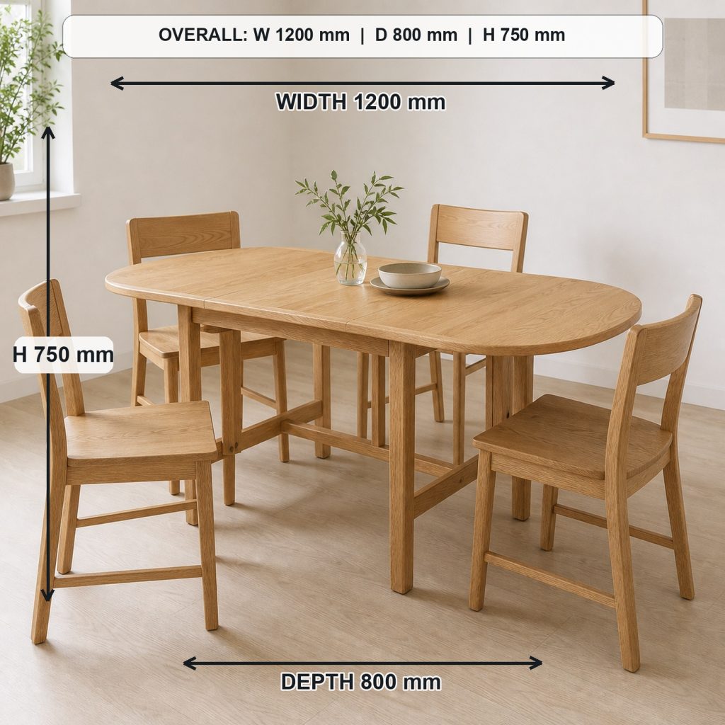 solid-oak drop-leaf dining table project shown in a real room, overall dimensions 1200 mm wide x 800 mm deep x 750 mm high when fully open
