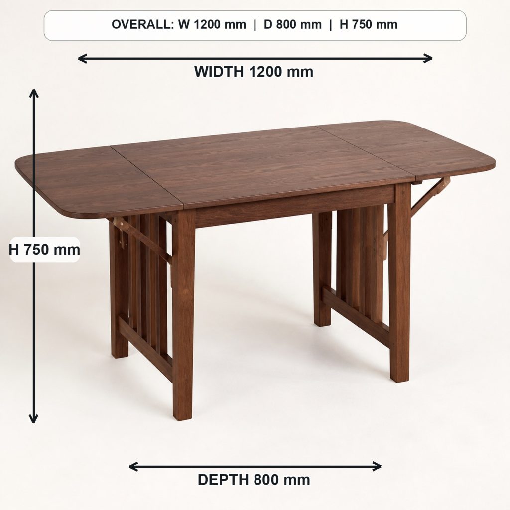 solid-oak drop-leaf dining table finished project variation, overall dimensions 1200 mm wide x 800 mm deep x 750 mm high when fully open