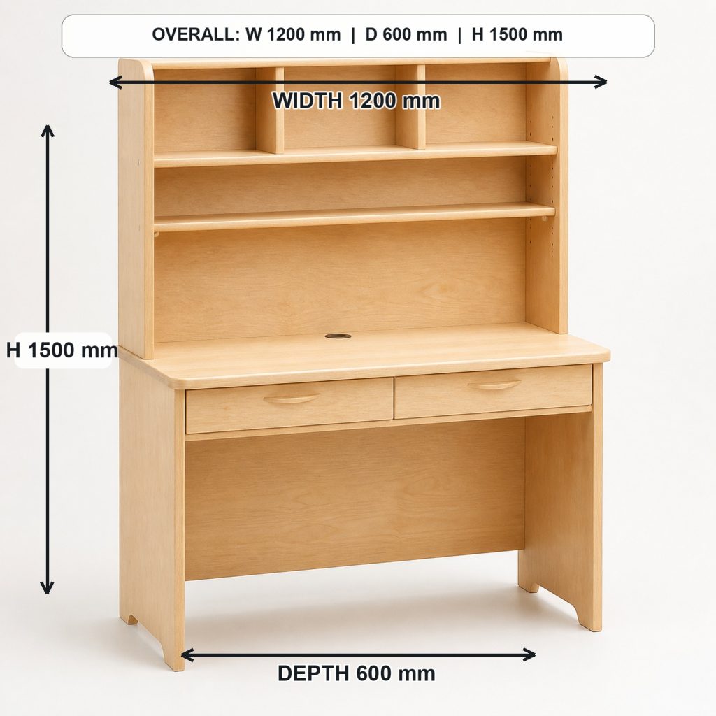maple kids study desk with integrated hutch complete three-quarter project view, overall dimensions 1200 mm wide x 600 mm deep x 1500 mm high including the hutch