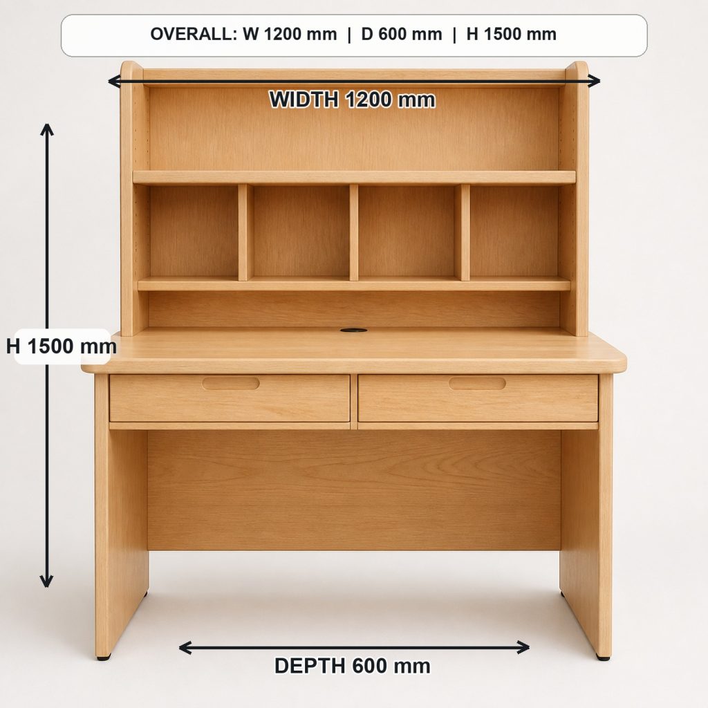 maple kids study desk with integrated hutch front elevation and overall proportions, overall dimensions 1200 mm wide x 600 mm deep x 1500 mm high including the hutch