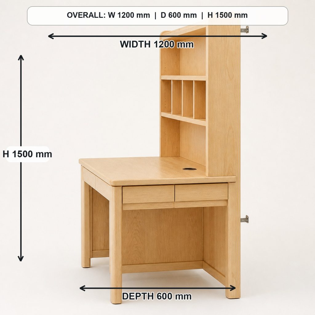 maple kids study desk with integrated hutch side elevation and depth, overall dimensions 1200 mm wide x 600 mm deep x 1500 mm high including the hutch