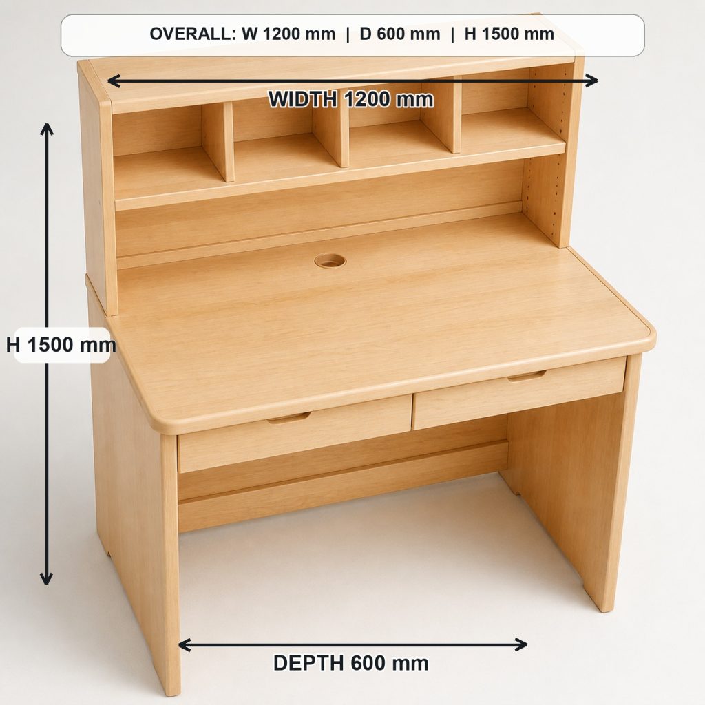 maple kids study desk with integrated hutch top view and usable surface, overall dimensions 1200 mm wide x 600 mm deep x 1500 mm high including the hutch