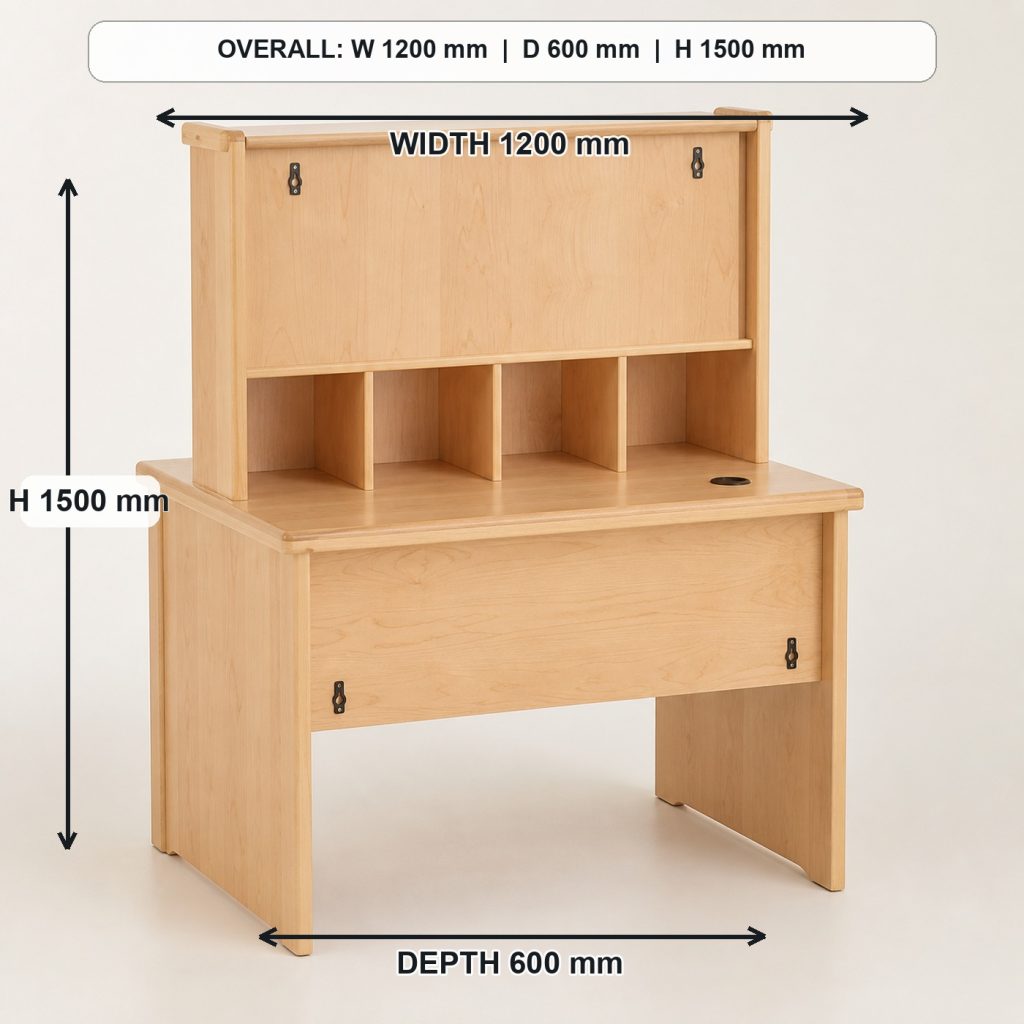 maple kids study desk with integrated hutch rear construction and support, overall dimensions 1200 mm wide x 600 mm deep x 1500 mm high including the hutch