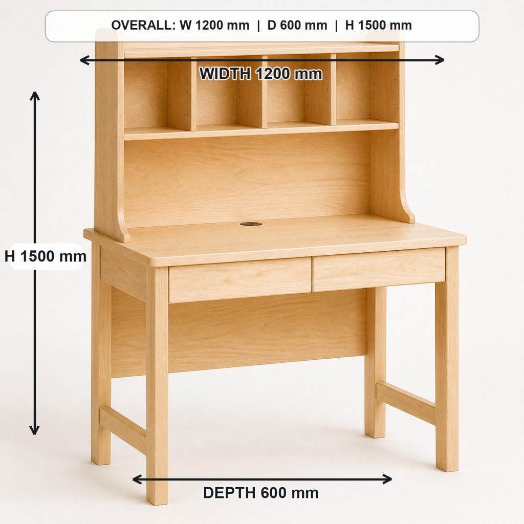 maple kids study desk with integrated hutch primary joinery detail, overall dimensions 1200 mm wide x 600 mm deep x 1500 mm high including the hutch