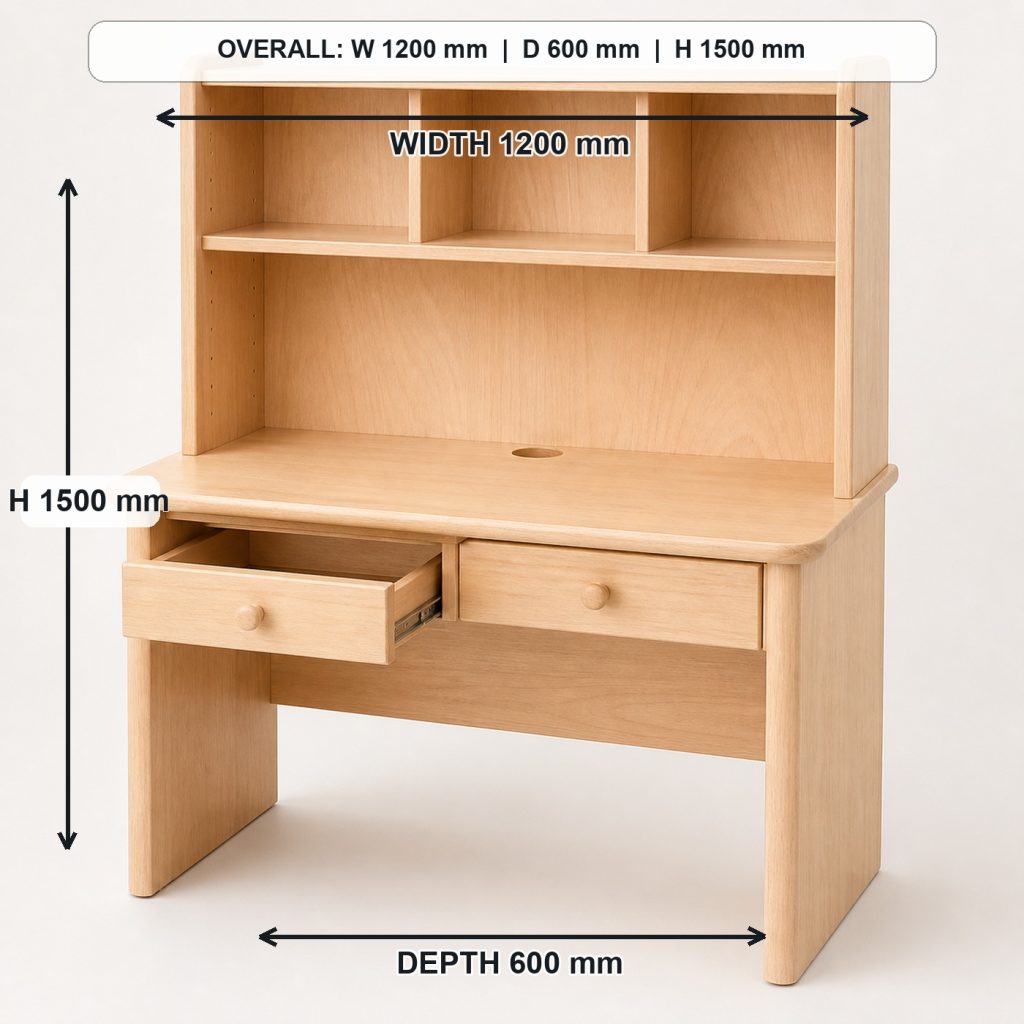 maple kids study desk with integrated hutch storage or functional detail, overall dimensions 1200 mm wide x 600 mm deep x 1500 mm high including the hutch