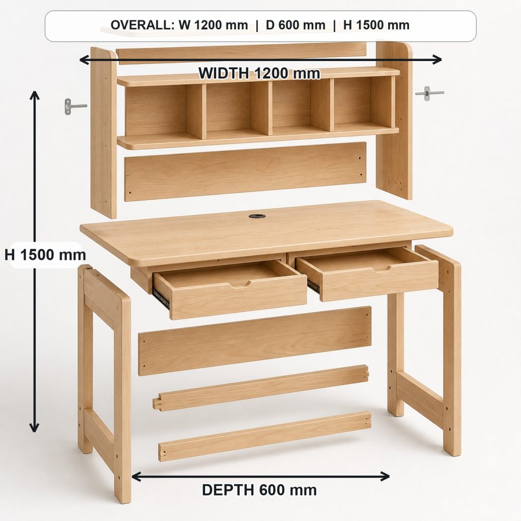 maple kids study desk with integrated hutch exploded construction overview, overall dimensions 1200 mm wide x 600 mm deep x 1500 mm high including the hutch