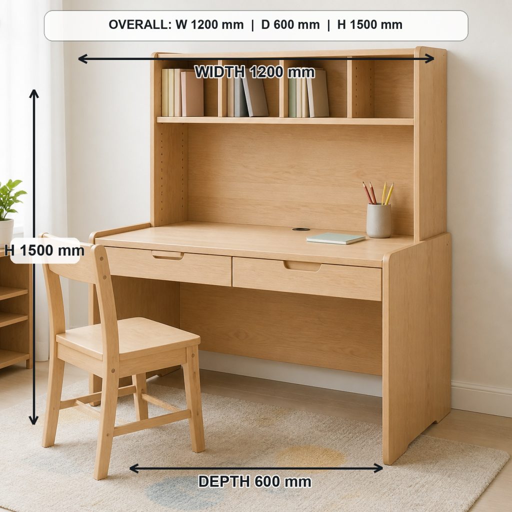 maple kids study desk with integrated hutch project shown in a real room, overall dimensions 1200 mm wide x 600 mm deep x 1500 mm high including the hutch