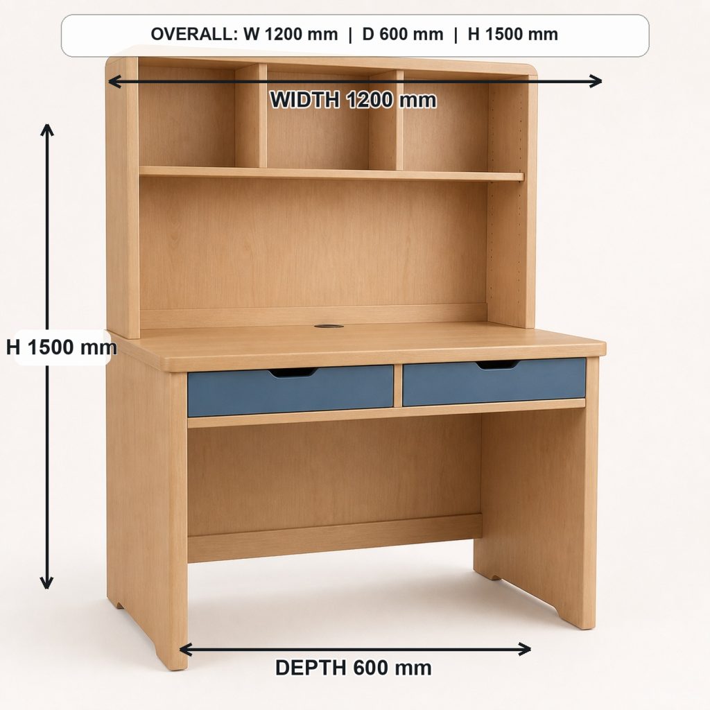 maple kids study desk with integrated hutch finished project variation, overall dimensions 1200 mm wide x 600 mm deep x 1500 mm high including the hutch