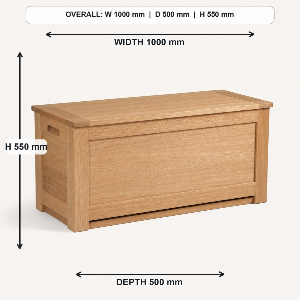 white-oak blanket storage chest complete three-quarter project view, overall dimensions 1000 mm wide x 500 mm deep x 550 mm high