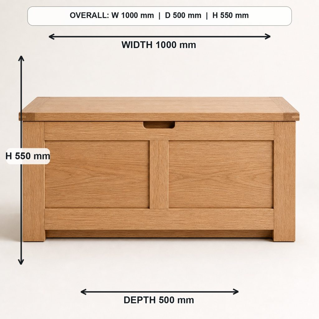 white-oak blanket storage chest front elevation and overall proportions, overall dimensions 1000 mm wide x 500 mm deep x 550 mm high