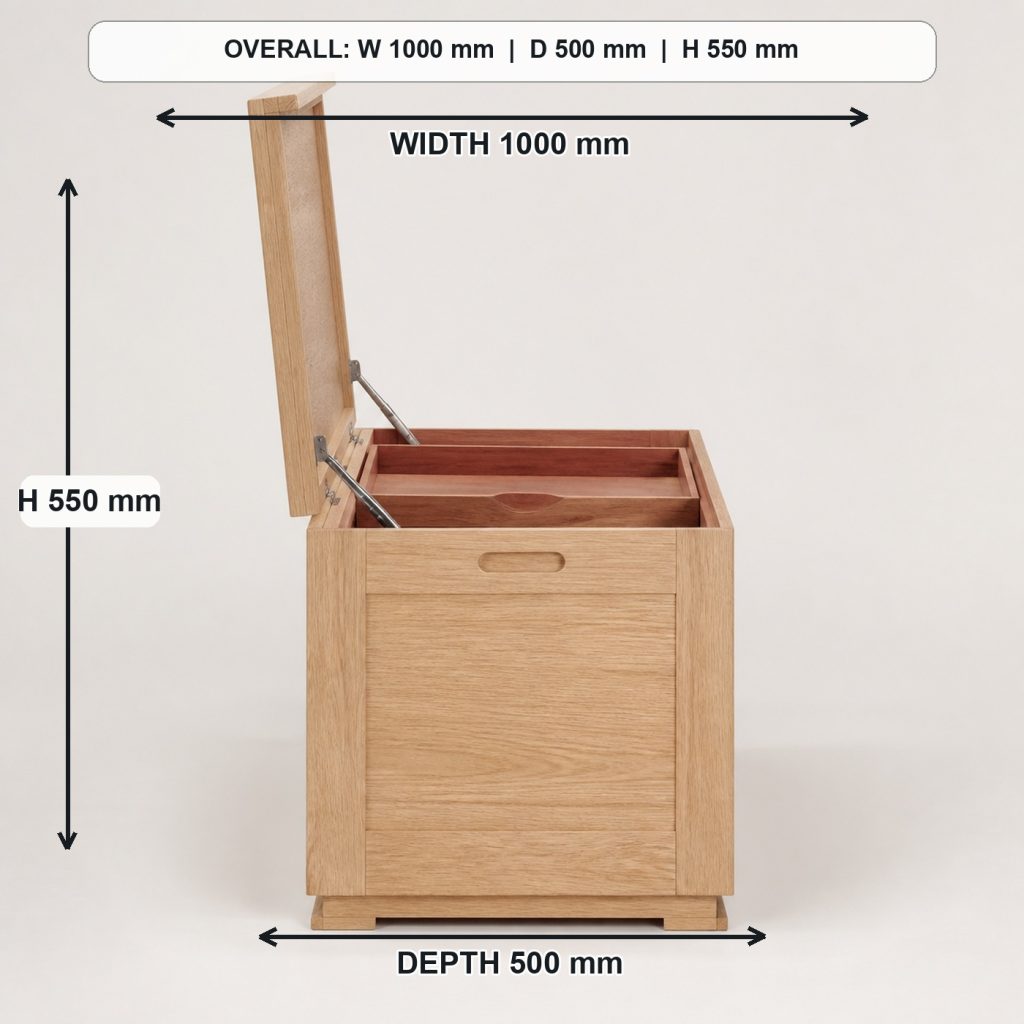 white-oak blanket storage chest side elevation and depth, overall dimensions 1000 mm wide x 500 mm deep x 550 mm high