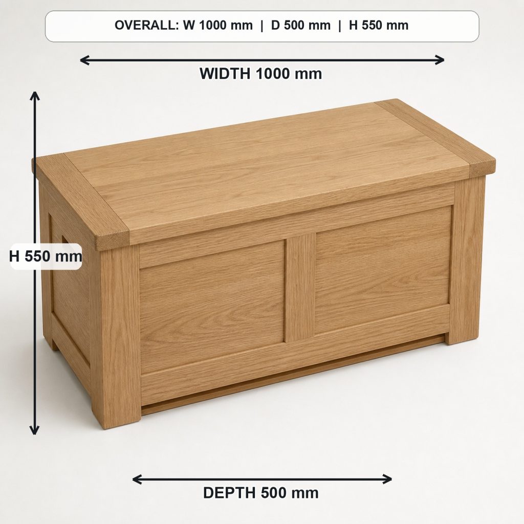 white-oak blanket storage chest top view and usable surface, overall dimensions 1000 mm wide x 500 mm deep x 550 mm high