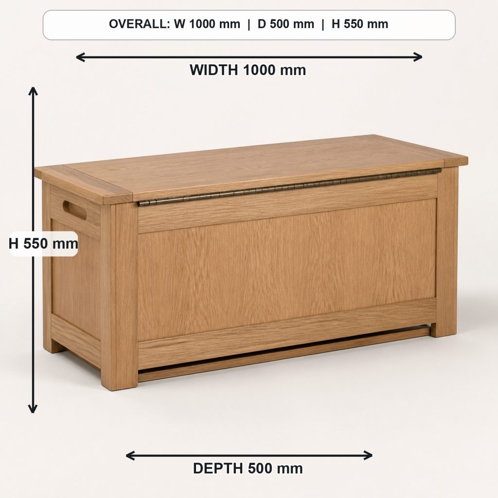 white-oak blanket storage chest rear construction and support, overall dimensions 1000 mm wide x 500 mm deep x 550 mm high