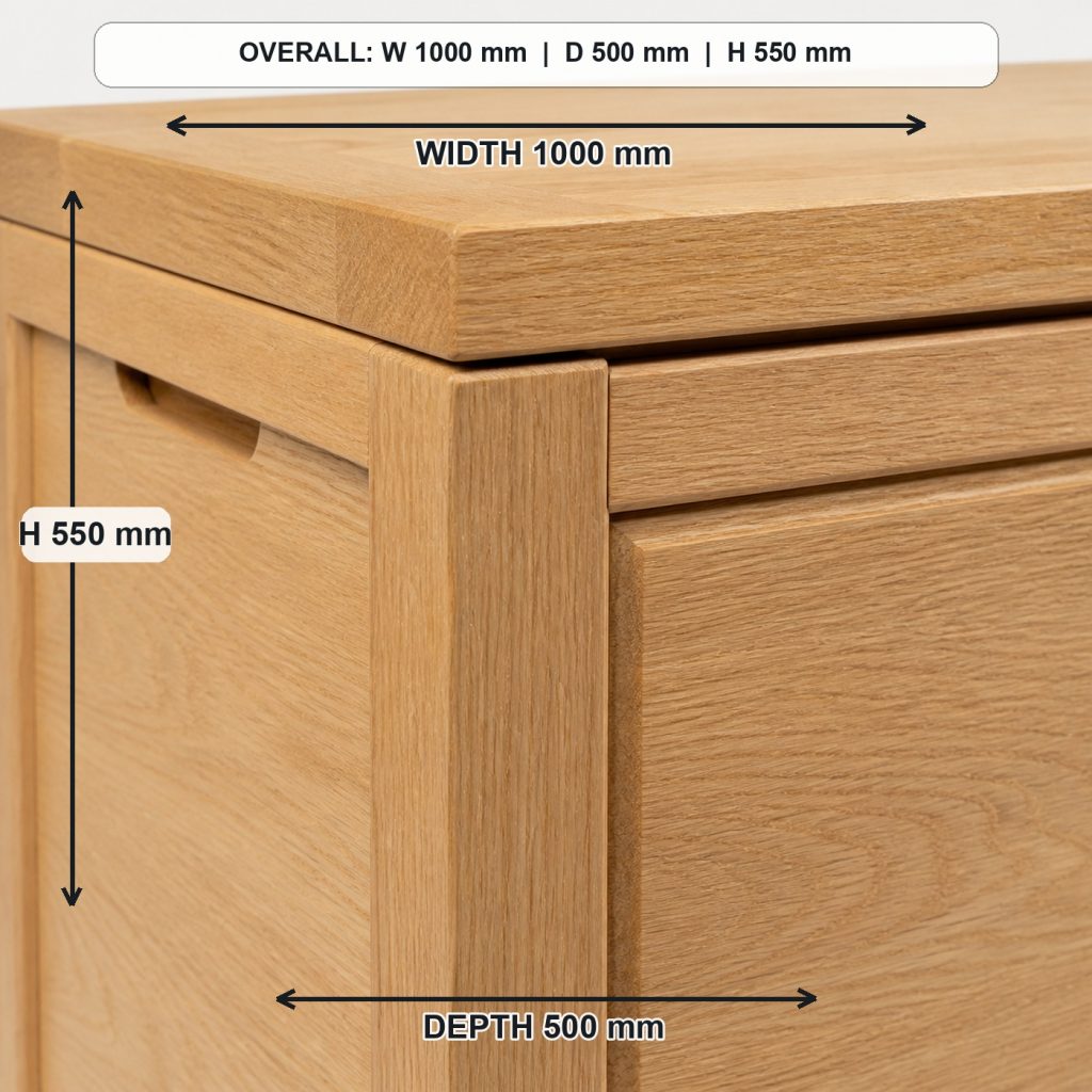 white-oak blanket storage chest primary joinery detail, overall dimensions 1000 mm wide x 500 mm deep x 550 mm high