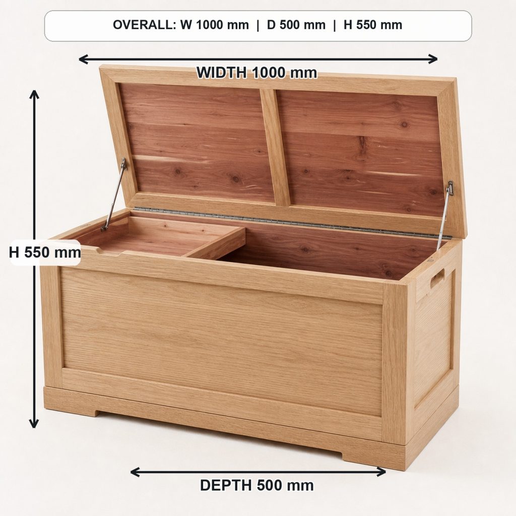 white-oak blanket storage chest storage or functional detail, overall dimensions 1000 mm wide x 500 mm deep x 550 mm high