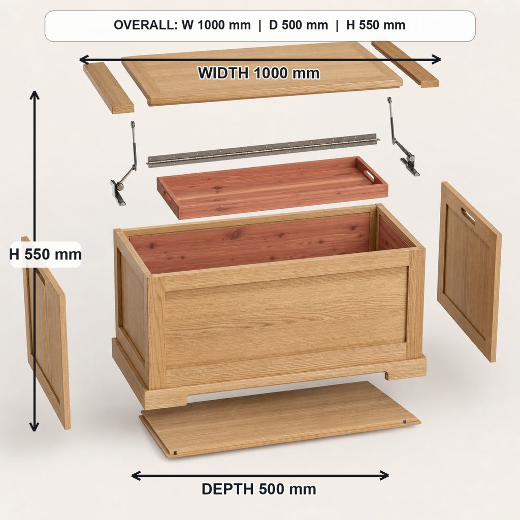white-oak blanket storage chest exploded construction overview, overall dimensions 1000 mm wide x 500 mm deep x 550 mm high