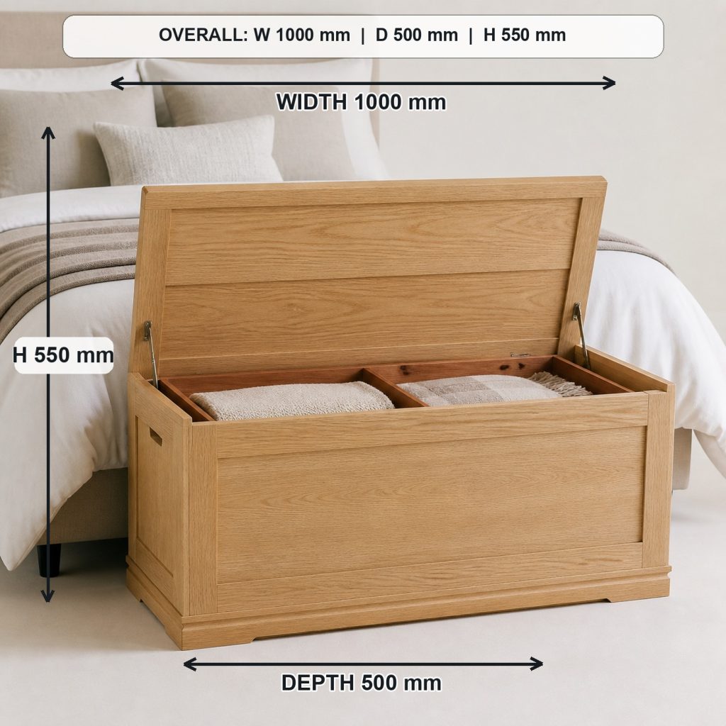 white-oak blanket storage chest project shown in a real room, overall dimensions 1000 mm wide x 500 mm deep x 550 mm high
