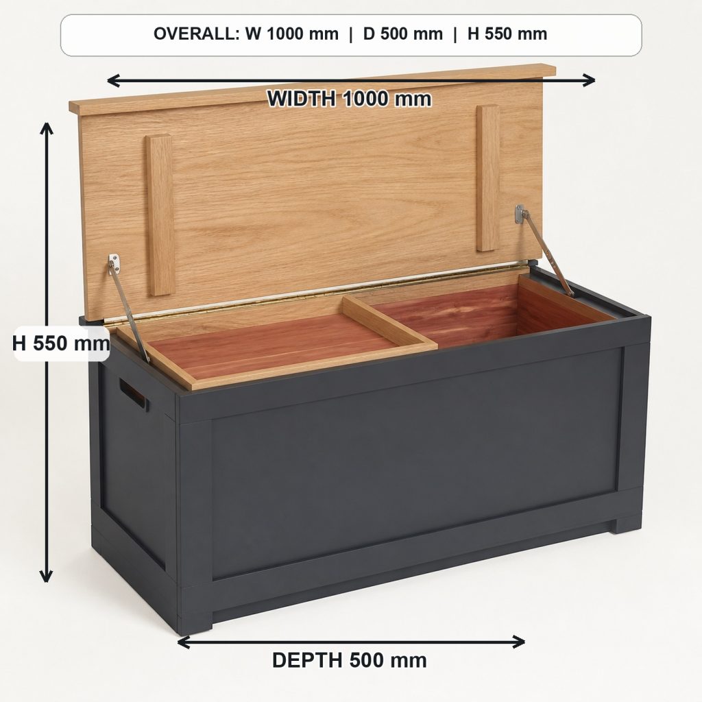 white-oak blanket storage chest finished project variation, overall dimensions 1000 mm wide x 500 mm deep x 550 mm high