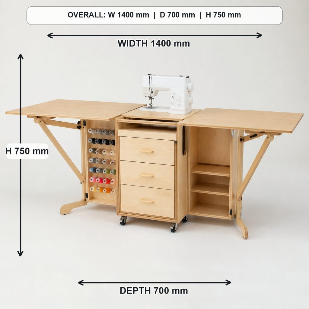 foldout birch sewing and craft table complete three-quarter project view, overall dimensions 1400 mm wide x 700 mm deep x 750 mm high when fully open