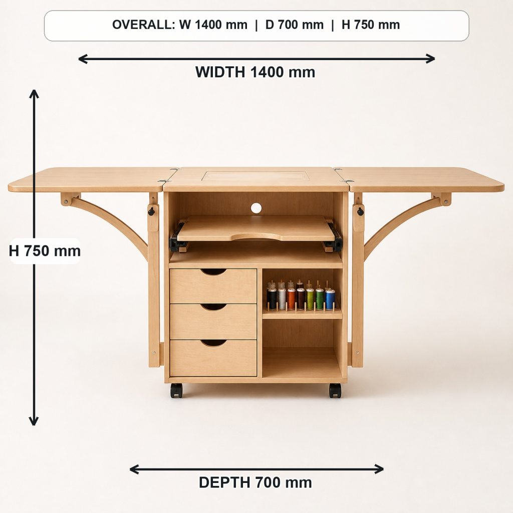 foldout birch sewing and craft table front elevation and overall proportions, overall dimensions 1400 mm wide x 700 mm deep x 750 mm high when fully open