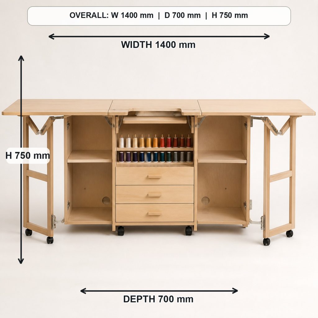 foldout birch sewing and craft table side elevation and depth, overall dimensions 1400 mm wide x 700 mm deep x 750 mm high when fully open