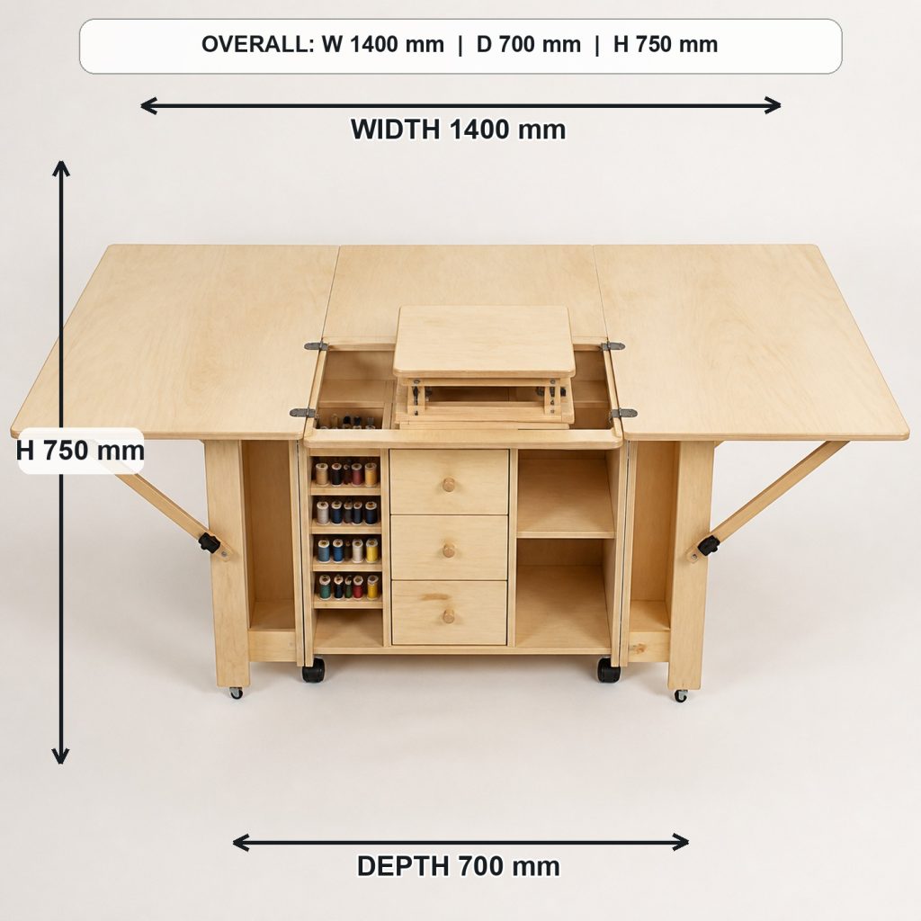 foldout birch sewing and craft table top view and usable surface, overall dimensions 1400 mm wide x 700 mm deep x 750 mm high when fully open