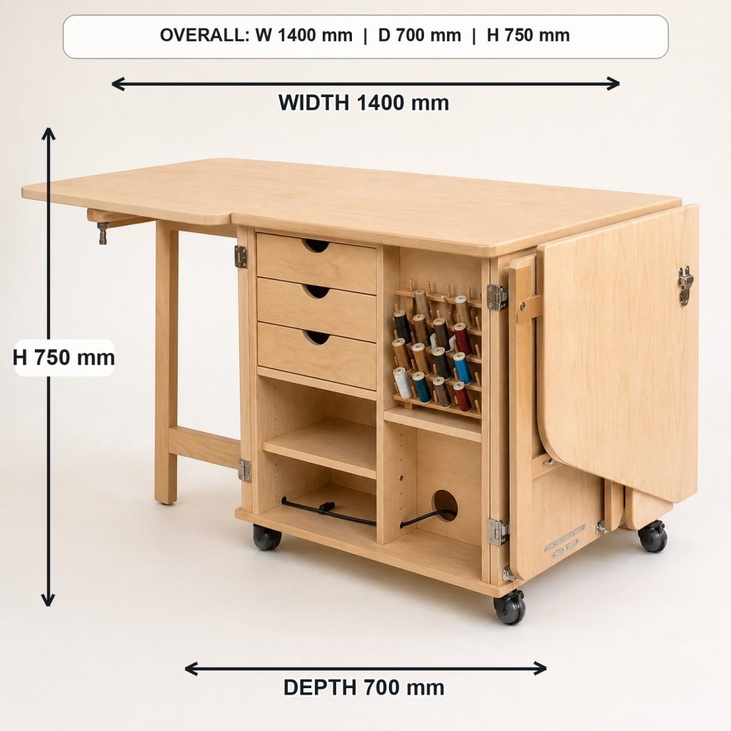 foldout birch sewing and craft table rear construction and support, overall dimensions 1400 mm wide x 700 mm deep x 750 mm high when fully open
