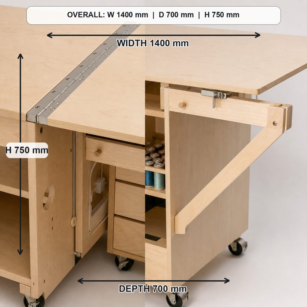 foldout birch sewing and craft table primary joinery detail, overall dimensions 1400 mm wide x 700 mm deep x 750 mm high when fully open