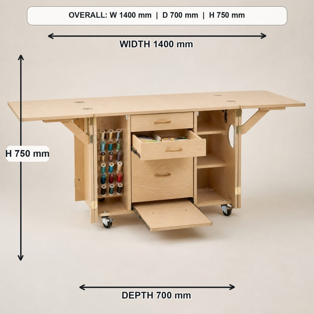 foldout birch sewing and craft table storage or functional detail, overall dimensions 1400 mm wide x 700 mm deep x 750 mm high when fully open