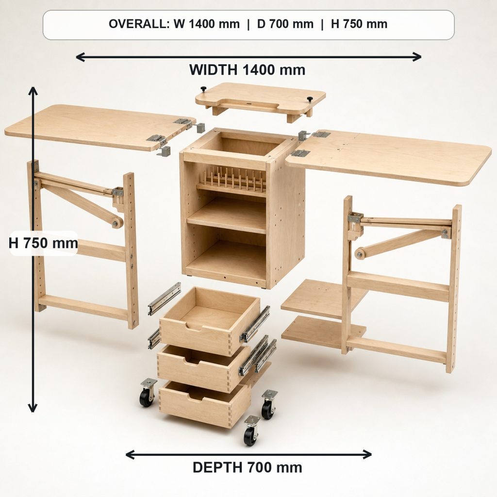 foldout birch sewing and craft table exploded construction overview, overall dimensions 1400 mm wide x 700 mm deep x 750 mm high when fully open