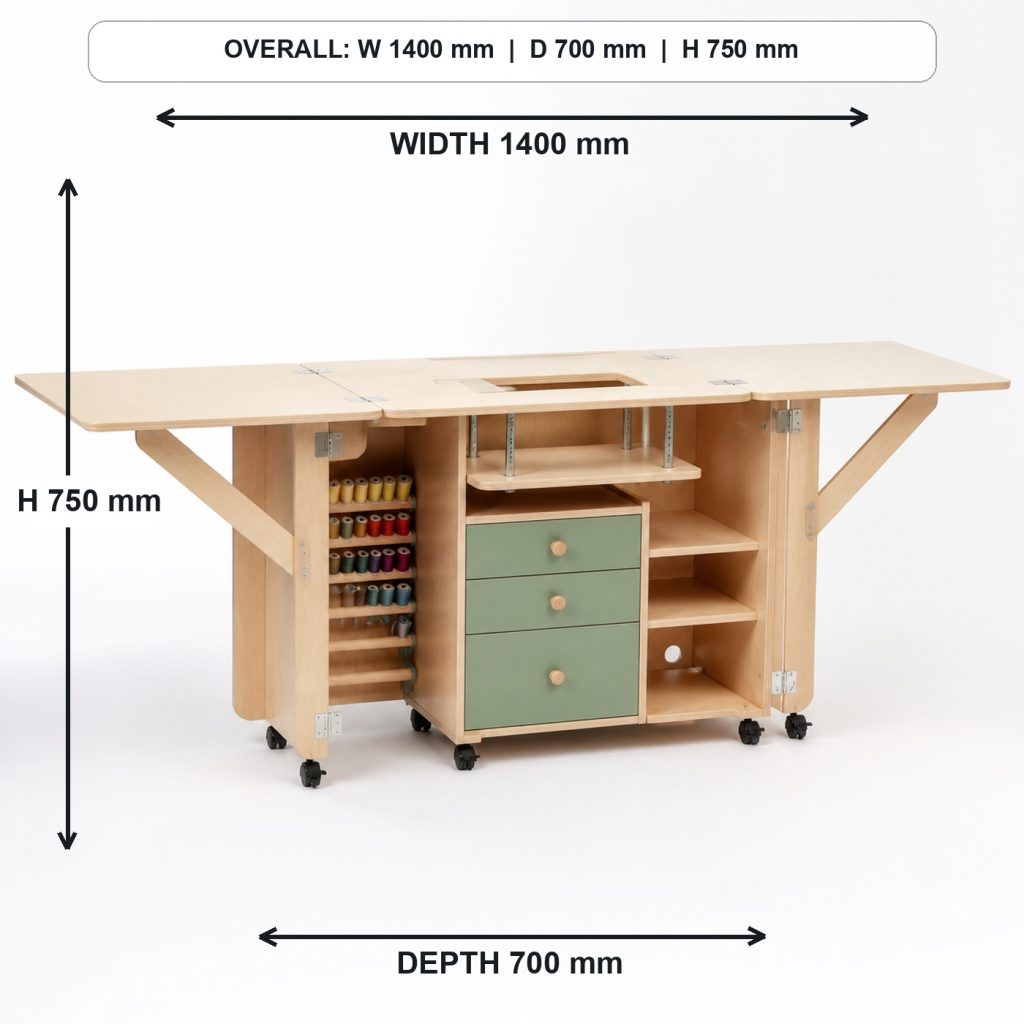 foldout birch sewing and craft table project shown in a real room, overall dimensions 1400 mm wide x 700 mm deep x 750 mm high when fully open