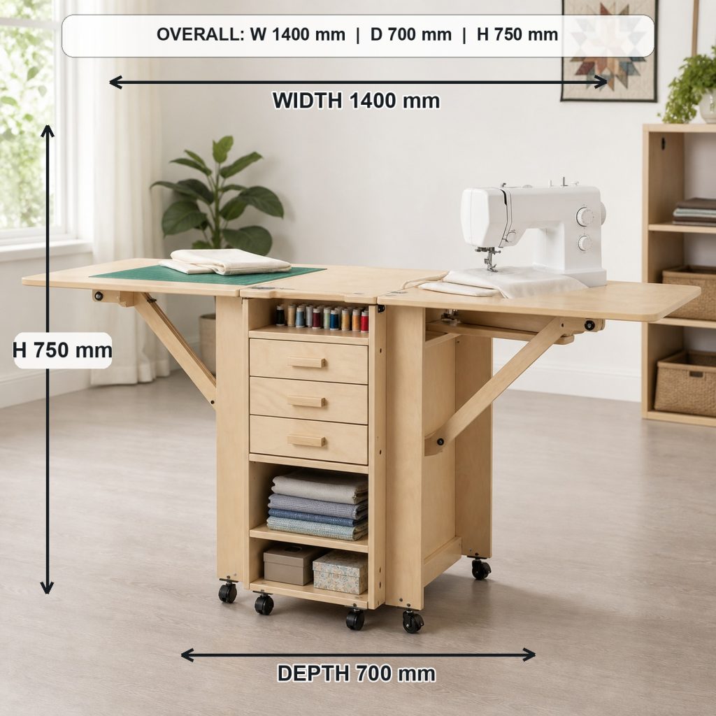 foldout birch sewing and craft table finished project variation, overall dimensions 1400 mm wide x 700 mm deep x 750 mm high when fully open