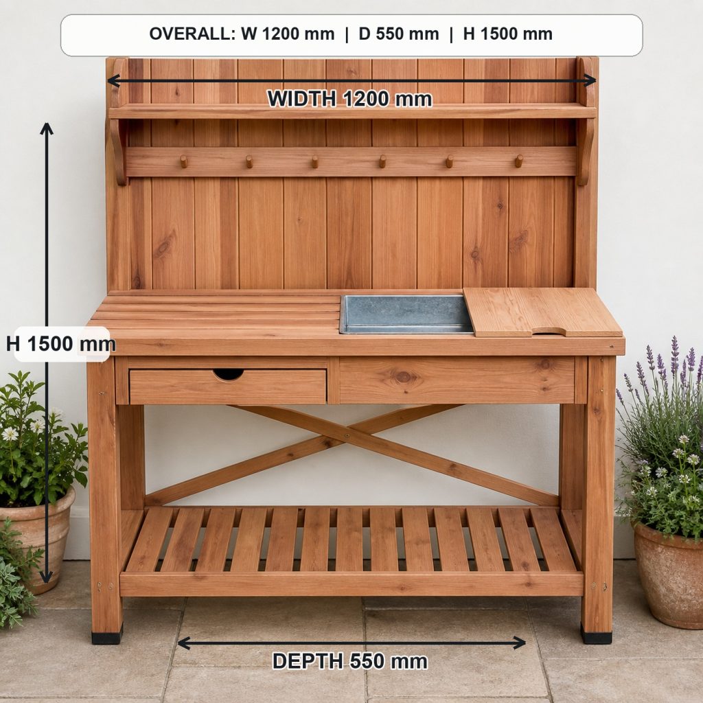 outdoor cedar garden potting bench front elevation and overall proportions, overall dimensions 1200 mm wide x 550 mm deep x 1500 mm high