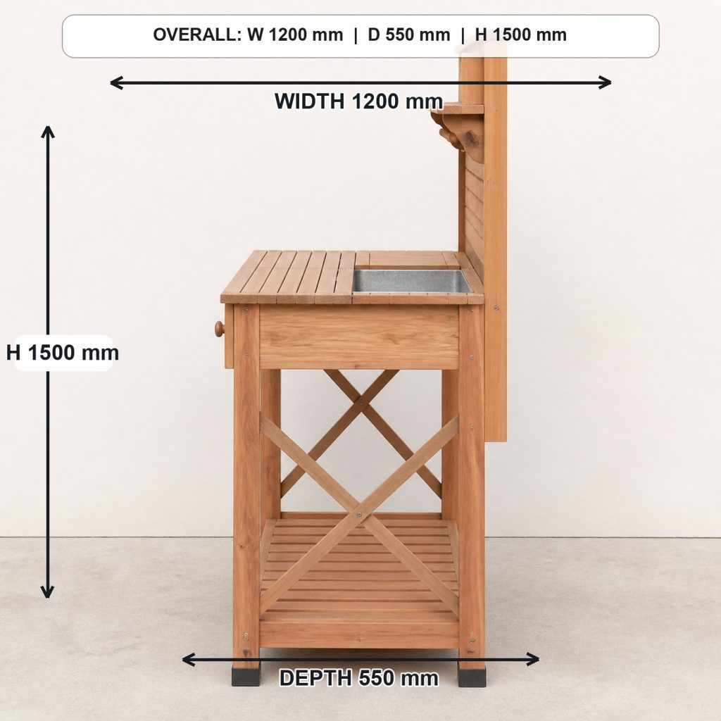 outdoor cedar garden potting bench side elevation and depth, overall dimensions 1200 mm wide x 550 mm deep x 1500 mm high