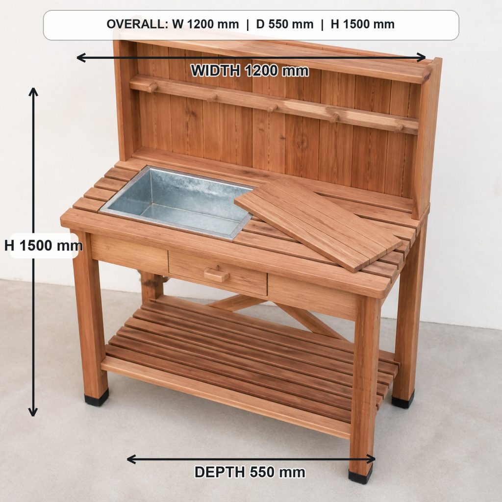 outdoor cedar garden potting bench top view and usable surface, overall dimensions 1200 mm wide x 550 mm deep x 1500 mm high