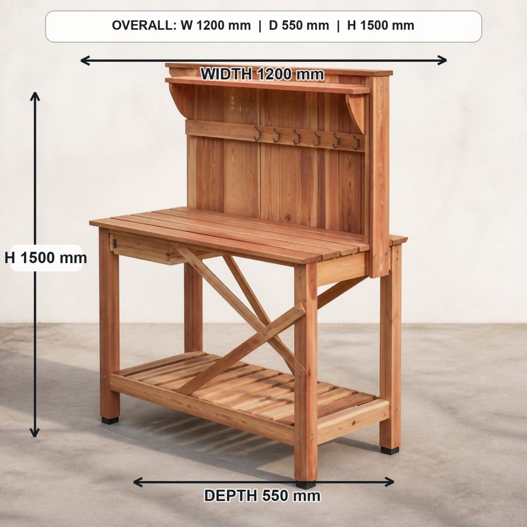 outdoor cedar garden potting bench rear construction and support, overall dimensions 1200 mm wide x 550 mm deep x 1500 mm high