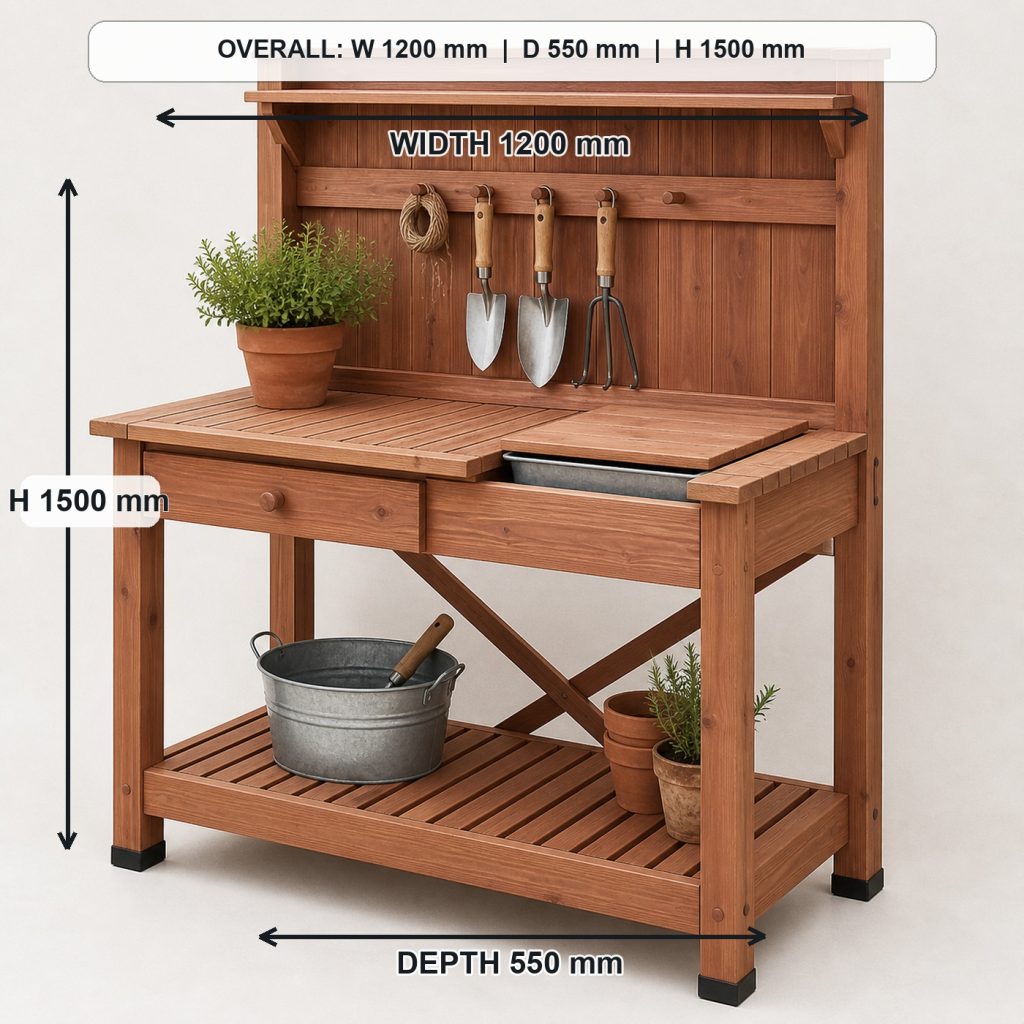 outdoor cedar garden potting bench primary joinery detail, overall dimensions 1200 mm wide x 550 mm deep x 1500 mm high