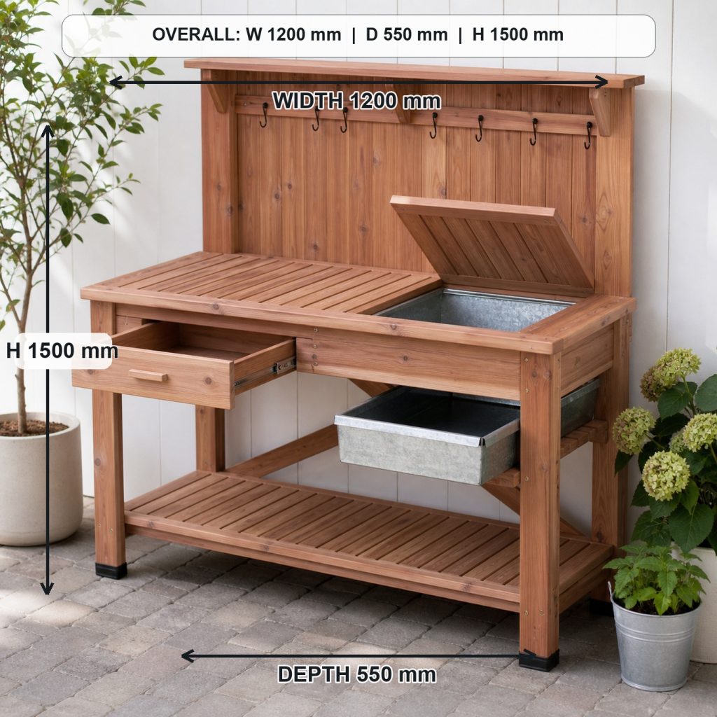 outdoor cedar garden potting bench storage or functional detail, overall dimensions 1200 mm wide x 550 mm deep x 1500 mm high