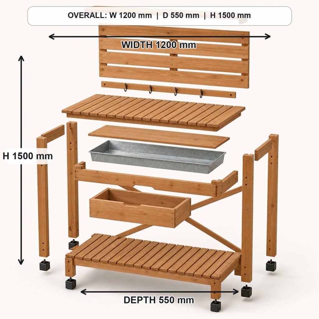 outdoor cedar garden potting bench exploded construction overview, overall dimensions 1200 mm wide x 550 mm deep x 1500 mm high
