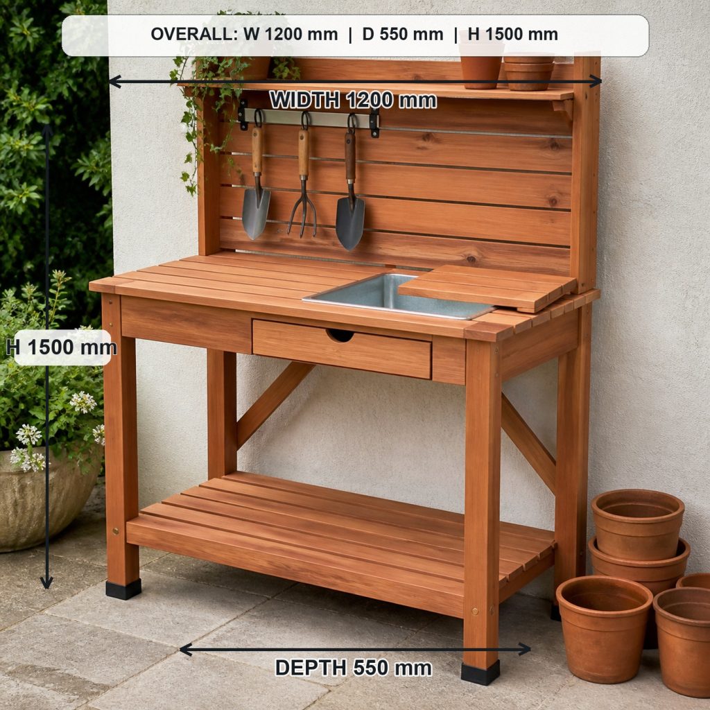 outdoor cedar garden potting bench project shown in a real room, overall dimensions 1200 mm wide x 550 mm deep x 1500 mm high