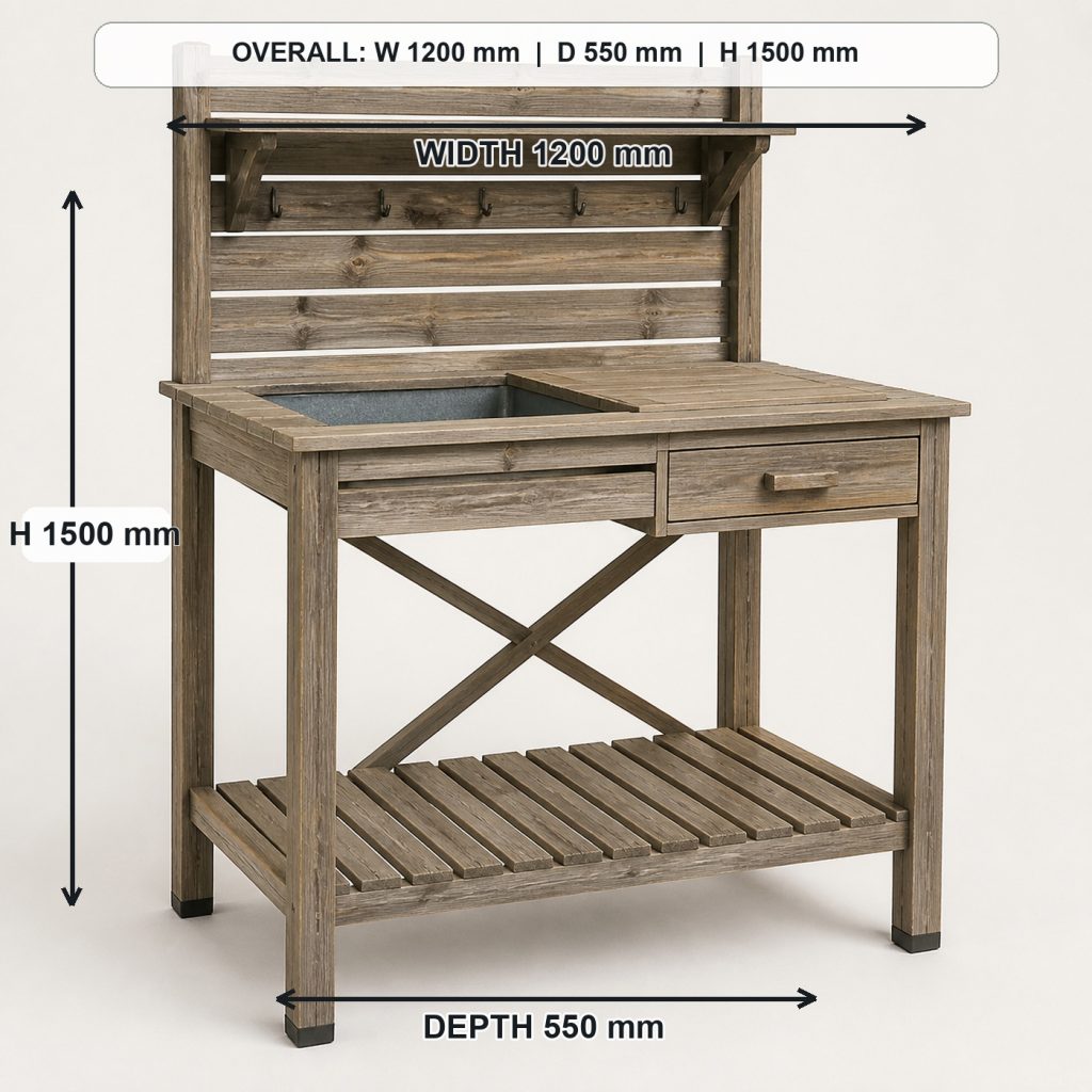 outdoor cedar garden potting bench finished project variation, overall dimensions 1200 mm wide x 550 mm deep x 1500 mm high