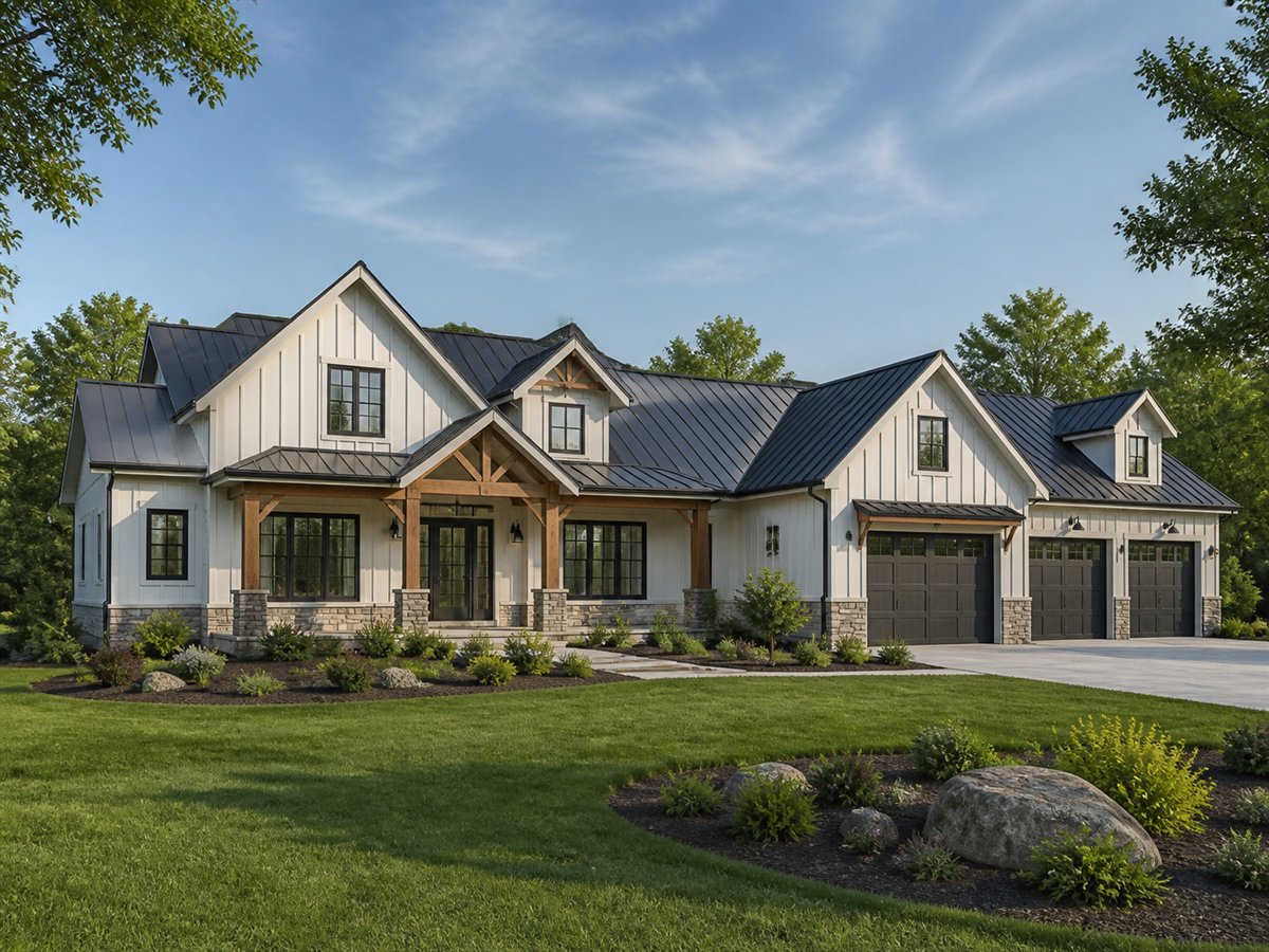 Stonefield Farmhouse Multigenerational Wing 2800, conceptual 2800-square-foot modern farmhouse estate with a $500,900 construction target