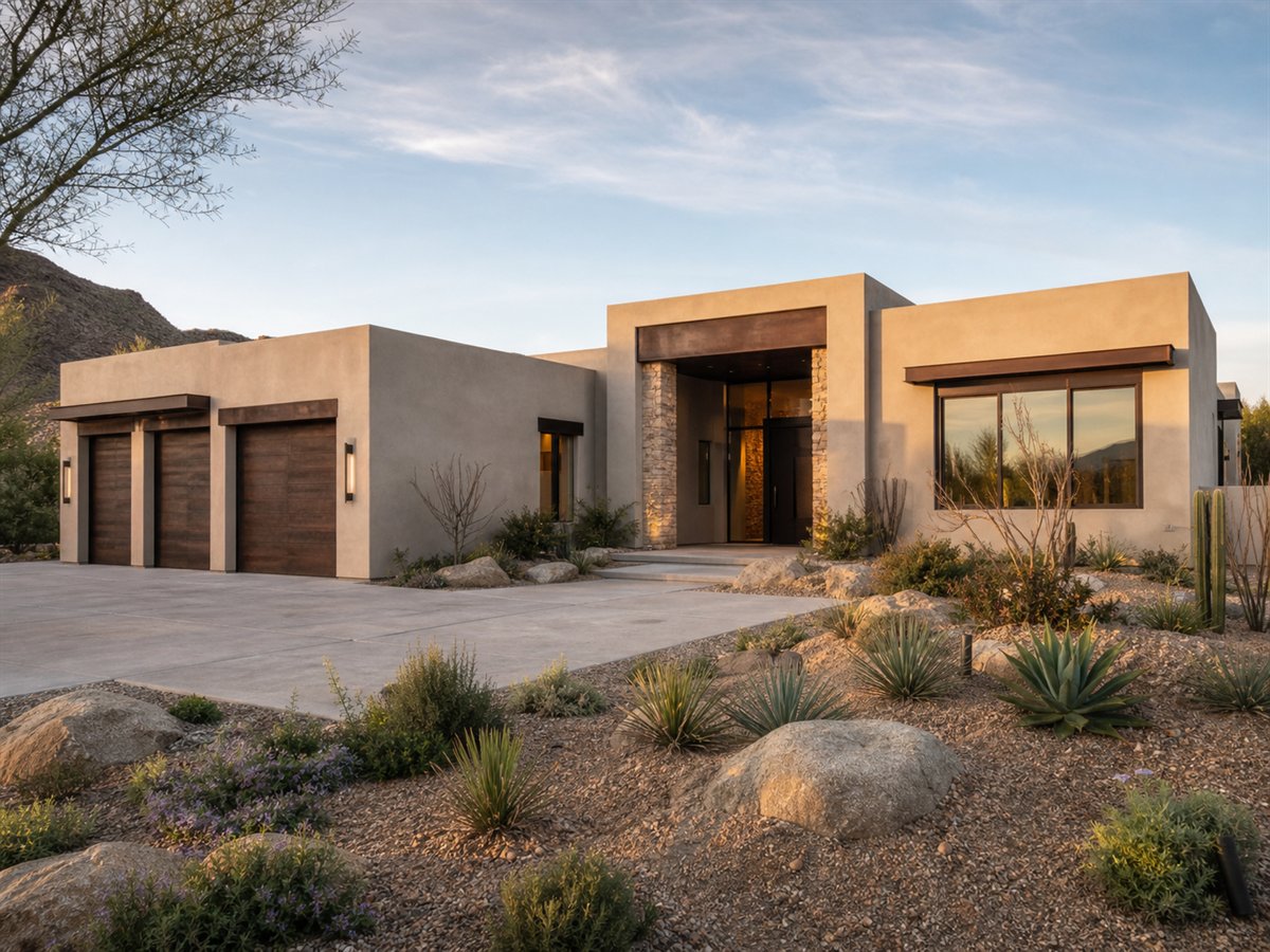 Saguaro Court Private Guest Suite 2992, conceptual 2992-square-foot desert-modern courtyard home with a $540,900 construction target