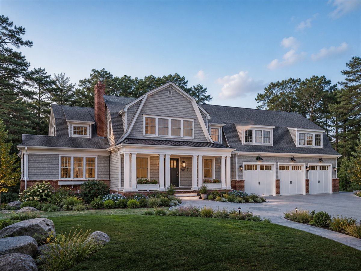 Hudson Gambrel View-Lot Retreat 3426, conceptual 3426-square-foot Dutch Colonial luxury home with a $635,900 construction target