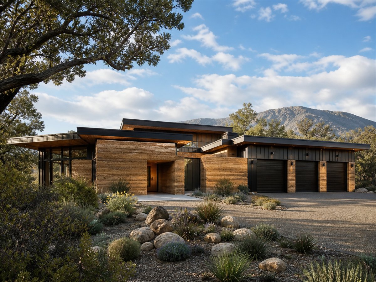 Mesa Earth House Entertaining Kitchen 3546, conceptual 3546-square-foot rammed-earth contemporary custom home with a $660,900 construction target