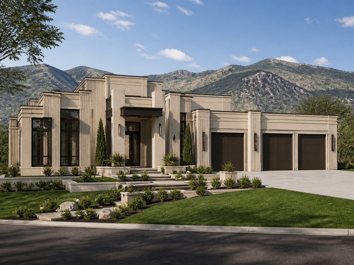 Deco Terrace View-Lot Retreat 3655, conceptual 3655-square-foot Art-Deco-inspired modern custom home with a $685,900 construction target