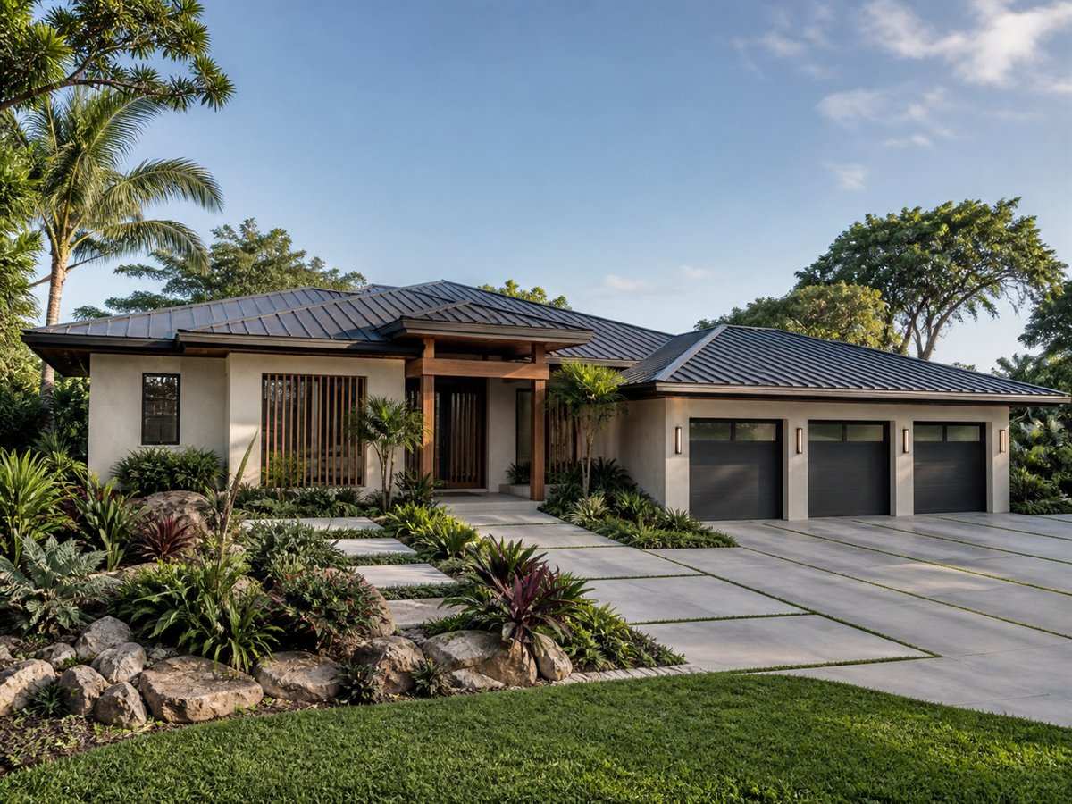 Trade Wind House High-Performance Envelope 3703, conceptual 3703-square-foot tropical-modern custom home with a $695,900 construction target
